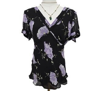 Ann Taylor Womens Vtg Y2K Whimsigoth Semi-Sheer Silk Floral Babydoll Blouse 12